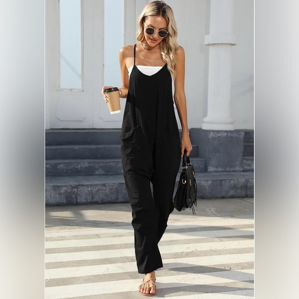Lviefent Womens Loose Oversized Jumpsuit Adjustable Spaghetti Strap With Pockets